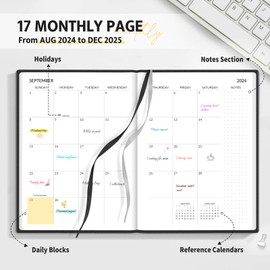 SUNEE 17 Month Weekly and Monthly Softcover Planner 5.5" x 8.3" (August 2024-December 2025), Small Academic Year Calendar Planner, Inner Pocket, 100 GSM Paper, Flexible Leather Soft Cover, Black