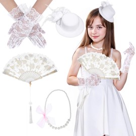 Telooco Tea Party Hats for Girls, 4 Pcs Tea Party Accessories for Girls Set, Including Gloves, Hats, Necklaces and Fans, Vintage Lace Design Suitable for Teas Parties and Photo Props