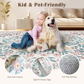 LUXRUG Washable Area Rug 8x10 - Large Pink Beige Botanical Floral Rugs for Living Room Soft Low-Pile Boho Bedroom Rug Under Bed Colorful Flower Rugs for Dining Room Girls Room Nursery Home Decor