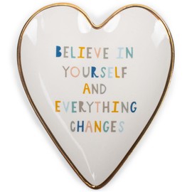 DEMDACO Believe Yourself White 4 x 3.5 Ceramic Stoneware Art Heart Trinket Dish