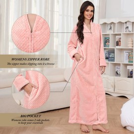 Artfasion Womens Fleece Robe Plush Long Zip Front Bathrobe with Pockets Warm Soft Zippered Bathrobes for Women, Pink, Large