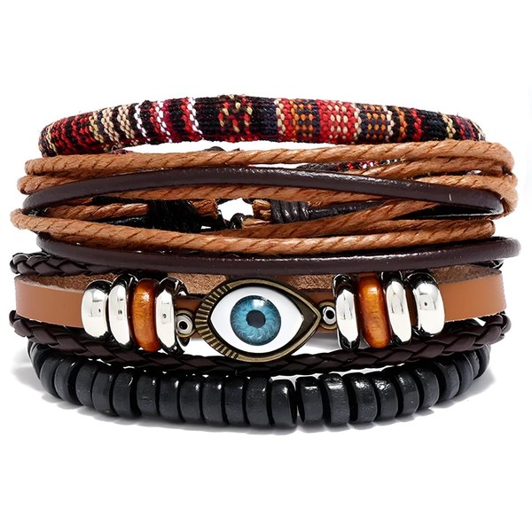 4 Pulseras ajustables bohemio de cuero y acero inoxidable playero