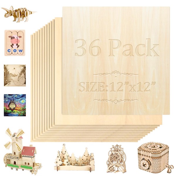 36 Pack Basswood Sheets,12"x12"x1/8" 3mm Basswood Plywood,Craft Wood,Unfinished Wood,for DIY Ornaments and Model Engraving, Wood Burning, Architectural Models, Drawing、Wood for Laser Cutting