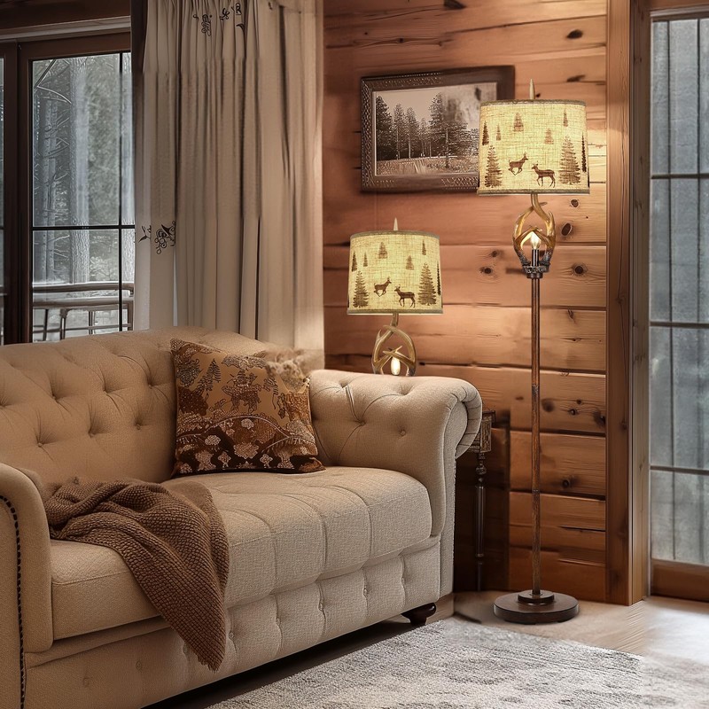 Scenekoy Rustic Farmhouse Antlers Floor Lamp with Nightlight Brown Finish