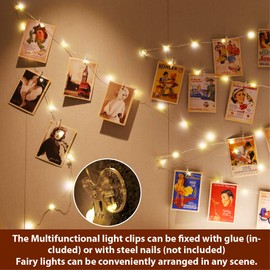 HXWEIYE Warm White Photo Clips String Light, 33Ft 100LEDs Battery Powered Fairy Light with 60 Clear Clips & 10 Hooks on Wall,Timer & 8 Modes Copper Wire String Light for Hanging Picture,Bedroom Party