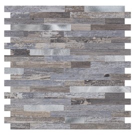 Bainley 10-Sheet Peel and Stick Backsplash, Distressed Wood with Metal Silver Self Adhesive Wall Tiles Upgrade Your Kitchen Backsplash, RV, Fireplace