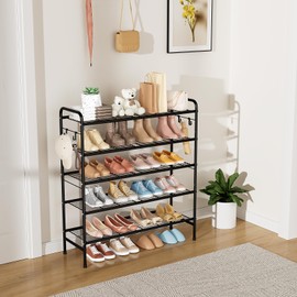 VILICK 5 Tier Shoe Rack 33" Wide Metal Shoe Organizer Long Shoe Storage with 4 Side Hooks Sturdy Shoes Shelf for Closet, Front Door Entrance, Garage, Dorm, Black