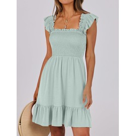 IFFEI Mommy and Me Matching Dresses Womens Smocked Ruffle Sleeve Mini Dress Vacation Beach Family Matching Outfits Green Girls 6-7Y