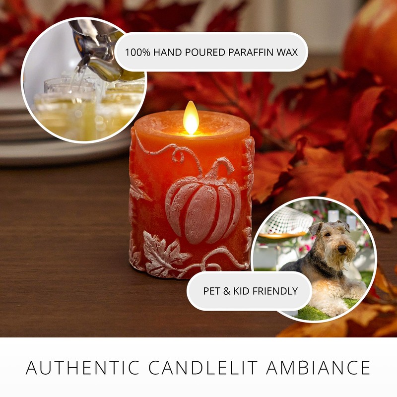 Luminara Embossed Leaves and Pumpkins Moving Flame Pillar Candle 3.25"