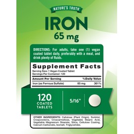Nature's Truth Iron Supplement | 65mg | 120 Tablets | 325mg Ferrous Sulfate | Non-GMO & Gluten Free Pills