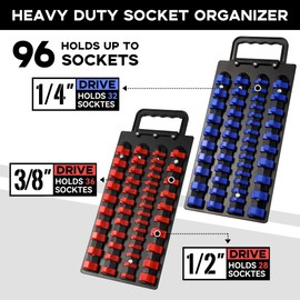 Reniteco 96-Piece Portable Socket Organizer Steel Tray with Handle - Heavy Duty Socket Holder Kit 1/4-Inch, 3/8-Inch, 1/2-Inch Blue&Red Clips（2 PC Set, Blue&Red