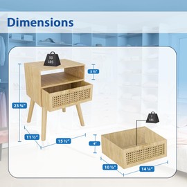 Mid-Century Modern Rattan Nightstand (2 SET), Boho Wood Accent Table with Storage Drawer - Bedside Table for Bedroom or End Table for Living Room, Natural Wood Accent Decor - Light Brown