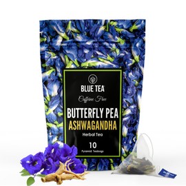 BLUE TEA - Butterfly Pea Flower Tea - Ashwagandha - 10 Count - Pyramid Plant Based Tea Bag | ANTIOXIDANT RICH | Caffeine Free - Flower Based - Herbal Tea - Non Bitter | Zipper Pack