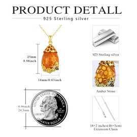 Aututer Honeycomb Bee Necklace S925 Sterling Silver Amber Pendant Animal Necklace for Women Bee Jewelry Gift Birthday, middle, Sterling Silver, No Gemstone