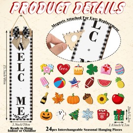 Sintuff Holiday Interchangeable Welcome Sign for Front Door Wood Porch Sign with 24 Pcs Seasonal Icons Home Farmhouse Holiday Welcome Outdoor Festival Seasonal Decoration(Black and White,Buffalo)