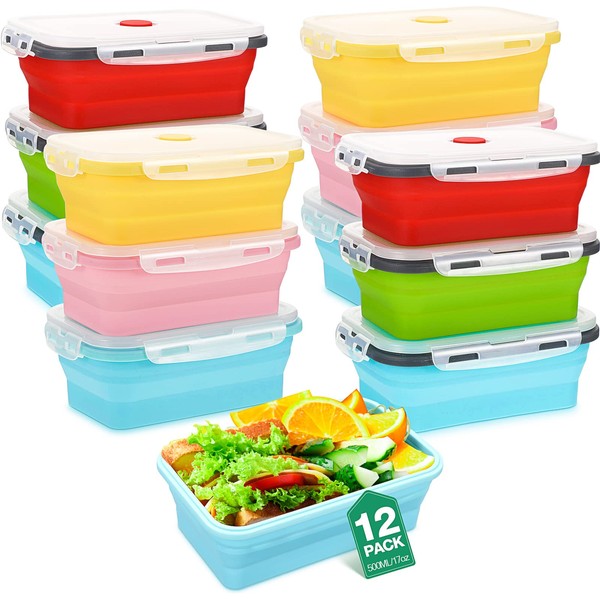 Maxdot Set of 12 Silicone Food Storage Containers Collapsible Bowls with Lids Vacuum Seal Silicone Lunch Box for Fruit Meal Freezer Kitchen Microwave Dishwasher Safe (Mixed Color, 17 oz)