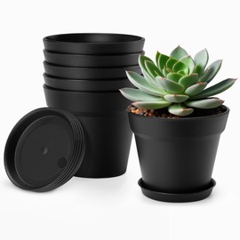 FHWTY 4 Inch Plastic Plant Pots 6 Pack, Small Flower Pots with Drainage Holes and Tray, Thickened Indoor Planters Seedlings Nursery Pots, African Violet, Succulent and All House Plants, Black