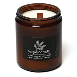 Crackling Wood Wick Candle Handcrafted with Organic Coconut Wax and Essential Oils (Bergamot Cedar, Standard 8 oz)