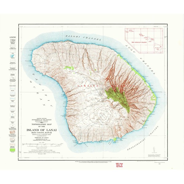 YellowMaps Island of Lanai HI topo map, 1:62500 Scale, 15 X 15 Minute, Historical, 1923, Updated 1973, 20.9 x 24.6 in - Tyvek