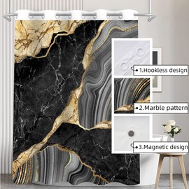 Hotel Style Hookless Shower Curtains 71 x 72 Inch, GRDNON Shower Curtains for Bathroom No Hook Shower Curtain (Black Marble Style, 1 Set)