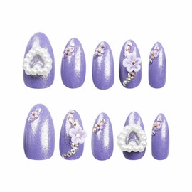 BABALAL Almond Press on Nails Medium Fake Nails Purple Aurora Glue on Nails Glitter 3d Pearl Heart Flower Charm Design 24Pcs Stiletto Stick on False Nails for Women and Girls