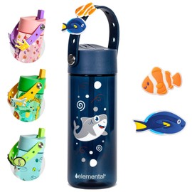 Elemental Water Bottles for Kids - Splash Kids Water Bottle for School with Fun Charm Handle - BPA Free Tritan Plastic Bottle with Straw Leak Proof When Spout is Closed - 18oz - Shark Friends