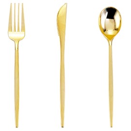 PULOTE 150PCS Gold Plastic Silverware Disposable - Heavy Duty Gold Plastic Cutlery - Gold Plastic Utensils Set Include 50 Knives,50 Forks,50 Spoons for Party&Wedding