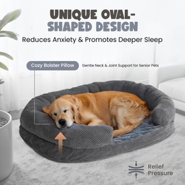 Miorun Orthopedic Dog Bed for Extra Large Dogs, Egg Crate Memory Foam Fur Sofa with Comfortable Sides, Soft and Big Dog Couch Bed with Washable Removable Cover and Non-Slip Oval Bottom, Grey