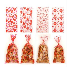 Bolsa de dulces transparente para el día de San Valentín, paquete de 100 bolsas de dulces transparentes con 100 lazos para dulces, pasteles, regalos, cumpleaños, fiestas, San Valentín, Pascua,