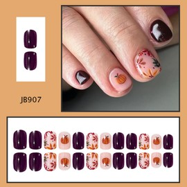 Thanksgiving Press on Nail Short Square Fake Nails Pumpkin Leave designs False Nails Glossy Full Cover Stick Glue on Nails Cute Acrylic Fall Press ones Women Girls Nail Supplies for Autumn24pcs
