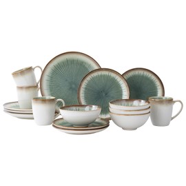 WHITEPEONY Dinnerware Set Green Stoneware 16 Pieces Service for 4, Stoneware Plates and Bowls Set Highly Chip and Crack Resistant Stoneware Set, Dishwasher Microwave Safe Dishes set