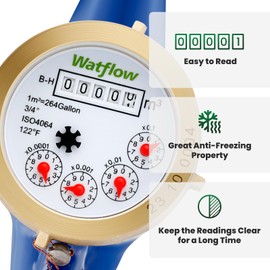 Watflow DN20 Water Meter 3/4" NPT, ISO4064 Certification Cubic Water Flow Meter, Cold Water Meter, for Garden or Home, Horizontal Install.