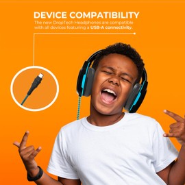 Gumdrop DropTech On-Ear Wired Headphones with Microphone | USB-A Type, Long Tangle Free Chew-Proof Cord - Rugged, Drop Tested and Comfortable for Kids, Students, Classroom and School Use - Black