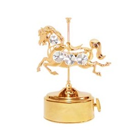 Mascot 24k Gold Plated Carousel Horse Music Box w/Clear Mascot Crystals - Romantic Gift for her Birthday, Anniversary, Wedding or Home Decorations