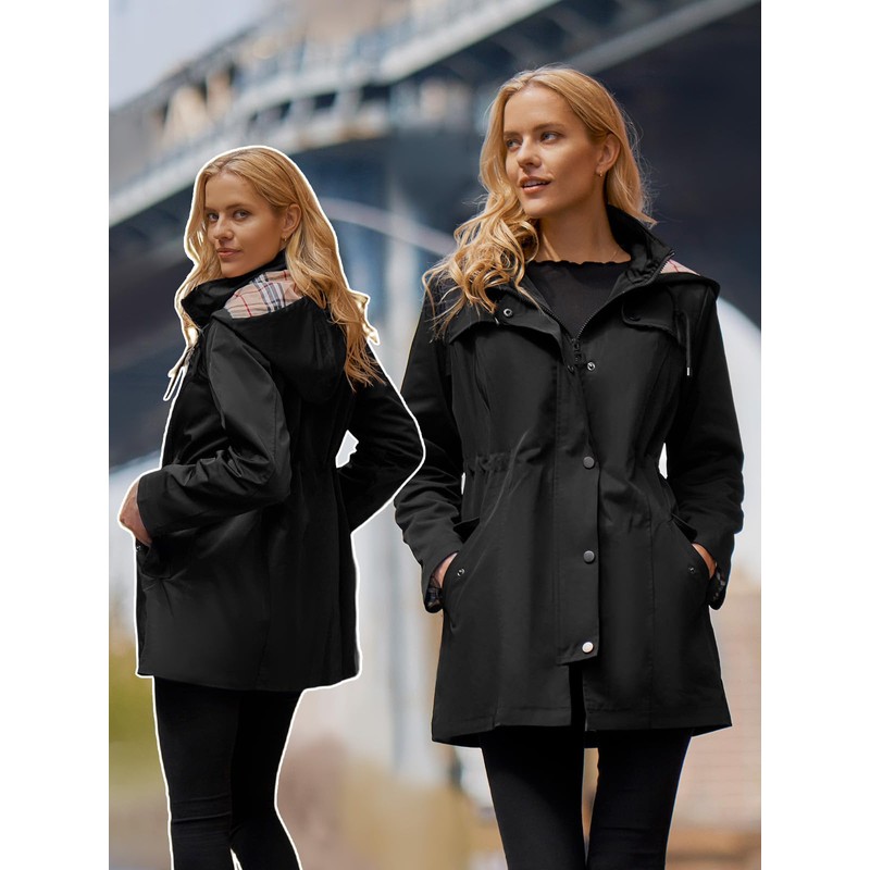 SaphiRose Women's Long Hooded Rain Jacket Outdoor Raincoat Windbreaker(Black,Medium)