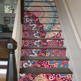 funlife 14PCS Boho Mandala Totem Peel and Stick Stair Riser Stickers, Self Adhesive Vinyl Staircase Decals Decor for Steps, 39.37''X7.08'' Multicolor Romany Floral