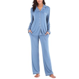 Aamikast Women Button Up Pajama Sets Long Sleeve Sleepwear Pj Sets (Sky Blue S)
