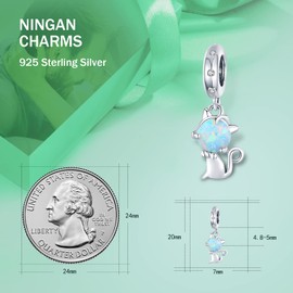 NINGAN 925 Sterling Silver Cat Pendant Shiny Blue Opal Dangle Charms fit Women Bracelet Necklace Animal Beads Gift