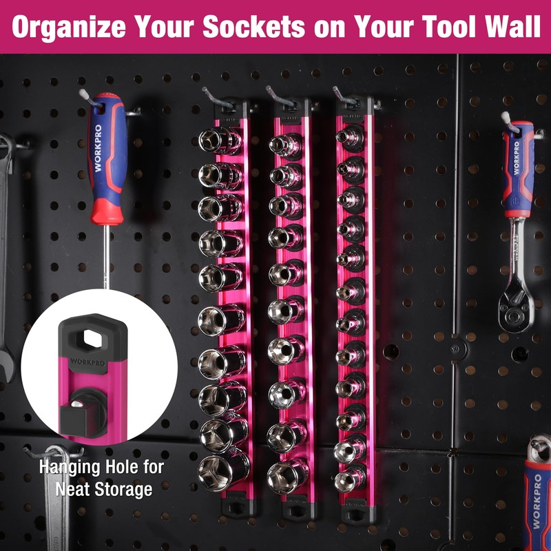 WORKPRO Magnetic Socket Organizer, 3/8-Inch Drive Aluminum Alloy Socket Rail,