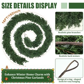 Tulvend 16ft Christmas Cedar Garland, Real Touch Pine Garland, Realistic Cypress Garlands Christmas Decorations for Mantel, Table, Stairs, Porch - Indoor Outdoor Xmas Holiday Decor