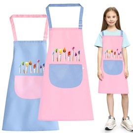 O-Kinee Children's Painting Apron, Set of 2 Children's Aprons Set with Pockets, Waterproof Adjustable Toddler Cooking Apron for Children, Boys, Girls, for Crafts, Painting, Baking, Cooking, Pink and