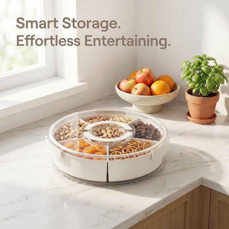 1-Pack Divided Serving Tray with Lid and Handle, 6-Compartment Snackle