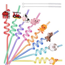 Reusable Farm Animal Birthday Party Straws, Farm Animals Plastic Curly Drinking Straws for Kids Barnyard Birthday Party Supplies Straws Gift, with 2 Pcs Cleaning Brushes(16 Pcs)