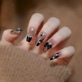 Nail Tip, Long, 24 Pieces, Nail Tip, False Claws, Butterfly Pearl, Black, 3D Nail Sticker, Popular, Japanese Style, Cute, Simple, Fashionable Party, Nail Tip, Autumn, Spring, Summer, Bride, Glossy,