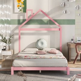 Harper & Bright Designs Full Size Kids Bed Frame with House-Shaped Headboard, Toddler Floor Bed with Solid Wood Slats,Full Platform Bed Frame for Girls Boys,No Box Spring Needed,Pink