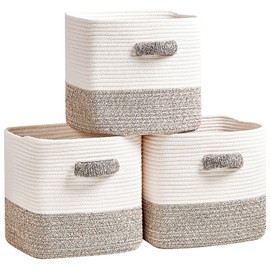 R RUNKA Storage Cube Baskets 3-Pack - 11 inch Square Baskets, Closet & Shelves Organizers - Woven & Drawer Storage - Ideal for Toys | White & Beige