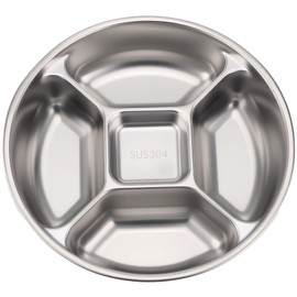 NIMBLOOM 304 Stainless Steel Divided Plate, 8.9 in Five-Compartment Serving Dish, Multipurpose Food Prep Tray, Practical Portion Control Plate, Stackable and Easy to Clean Design