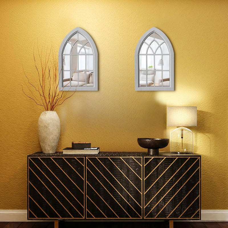 ZEXUIRU 2PCS Arched Window Wall Mirror,Rustic Farmhouse Accent Mirror, Wood