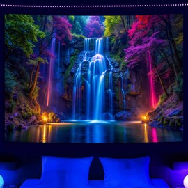 Simpkeely Blacklight Waterfall Tapestry - UV Reactive Glow in the Dark Neon Forest Wall Hanging, Vibrant Nature Landscape Wonderland for Bedroom, Living Room Decor - 150 x 200cm