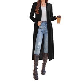 Newchoice Women's Long Cardigans with Pockets Knit Open Front Floor Length Cardigan Sweaters Lightweight Long Sleeve Dusters (Black, XL)